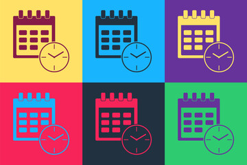 Wall Mural - Pop art Calendar and clock icon isolated on color background. Schedule, appointment, organizer, timesheet, time management, important date. Vector.