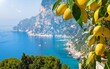 Welcome to Capri concept image. Daylight view of Marina Piccola and Monte Solaro, Capri Island, Italy. Ripe yellow lemons in foreground.