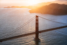 Aerial Of Golden Gate Bridge At Sunset, San Francisco, USA