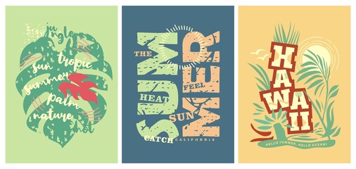 Wall Mural - Summer tee shirts prints with Hawaii motives and floral tropical patterns and lettering. Vector stylish t-shirt and apparel trendy design templates. Fashion style fabric clothing ideas. 