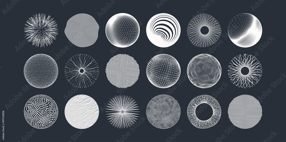 Spheres formed by many dots or lines. Abstract design elements. 3d vector illustration for science, education or medicine. - obrazy, fototapety, plakaty 