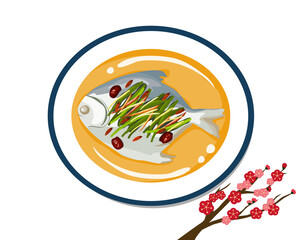 Steamed whole fish with ginger, scallion, chilly and soy. Isolated food vector illustration on white background with peach blossom decoration. 