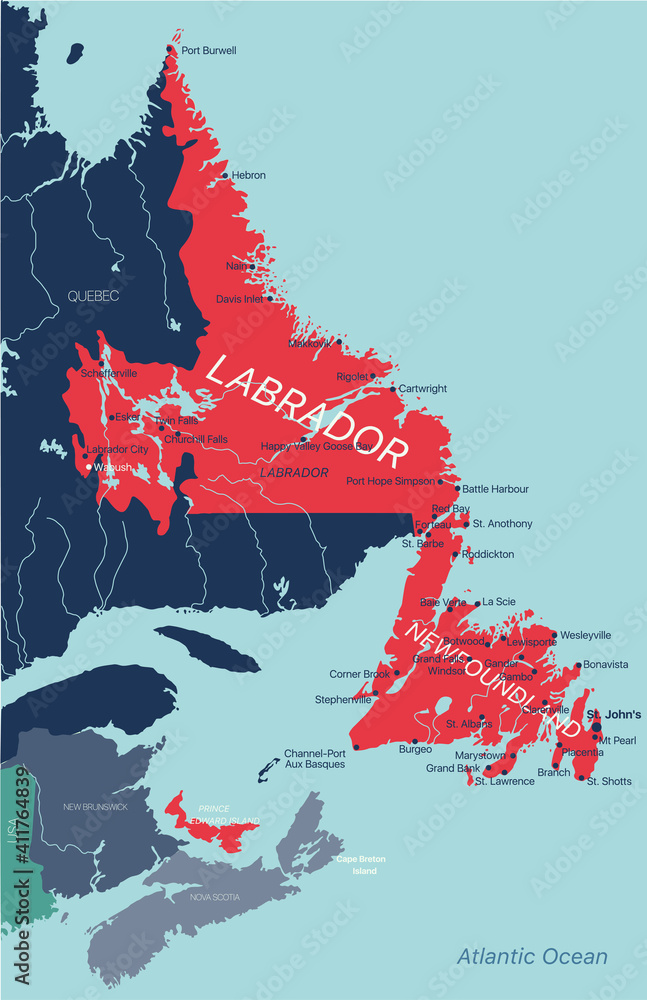 Newfoundland and Labrador province vector editable map of the Canada with capital, national borders, cities and towns, rivers and lakes. Vector EPS-10 file - obrazy, fototapety, plakaty 