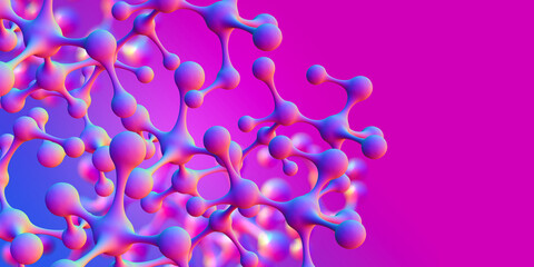 Aufkleber - Bright, colorful banner. Neon, purple, ultraviolet, pink and blue. Molecule 3D illustration. Science, education, research, innovation