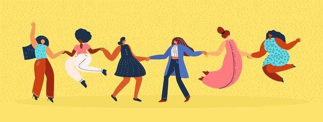 Happy International Woman Day.Feminism concept.Bright Beautiful Different Dancing Girls Holding Hands.Party,Eight of March Celebration. Free Confident Women.Female Empowerment.Vector Flat Illustration