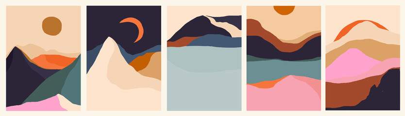 Trendy minimalist abstract landscape illustrations. Set of hand drawn contemporary artistic posters. 