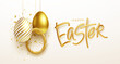 Easter greeting background with realistic golden Easter eggs. Vector illustration