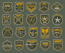 Army Special Forces, Military Specialists Badges Set. Artillery, Snipers And Infantry Patrol Emblems With Service Rifle, Machine Gun And Rocket Launcher, Grenade, Handgun And Motorcycle Vector