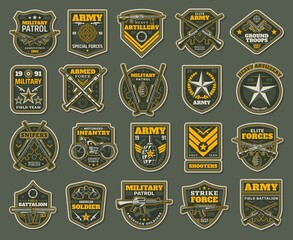 army special forces, military specialists badges set. artillery, snipers and infantry patrol emblems