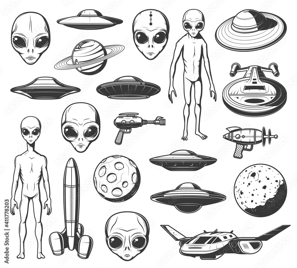 Aliens, ufo and space shuttles vector retro icons. Extraterrestrial comer with long arms, skinny body and huge eyes. Laser gun, saturn planet and spaceshipwith alien saucers in cosmos isolated labels