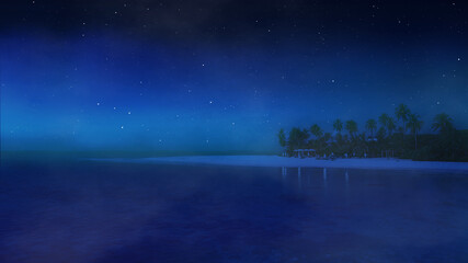 Wall Mural - Beautiful landscape of tropical island. Paradise at night in fog. Palm trees on beach. Gradient sky with stars.