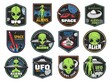 Aliens, ufo area and space shuttles vector retro icons. Extraterrestrial comer with green skin and huge eyes. Space exploration labels with spaceship in outer cosmos, saucers in starry sky, alien zone