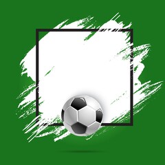 Soccer or football cup, sport ball, vector poster background or stain brush banner. Football or soccer match, championship and tournament empty template, ball goal on green field paint splash