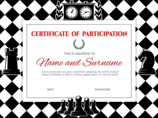 Chess certificate diploma frame, championship or board games competition, vector template. Chess participation certificate or winner honor award, pawn, king and horse chess on chessboard background