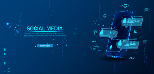 Social network and Social media illustration concept. Chatting and communication on modern app. Mobile phone mockup with likes, message bubbles and icons. UI app social media. Vector blue web banner