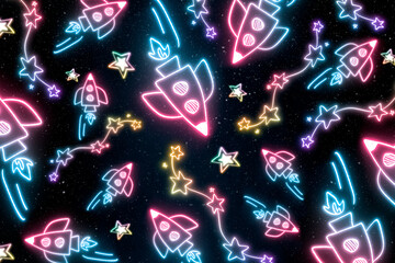 Canvas Print - Neon spacecraft star doodle pattern background