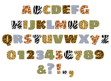 Handdrawn Alphabet Letters And Numbers Set With Jungle Animals Skin Pattern. Vector Illustration