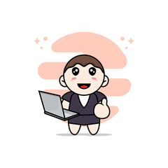 Cute business woman character holding laptop.