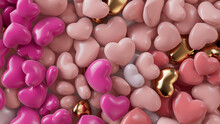 Multicolored Heart Background. Valentine Wallpaper With Pink, Orange And Gold Love Hearts. 3D Render 