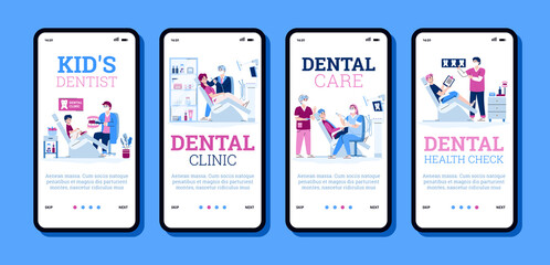 Wall Mural - Set of onboarding pages for dental clinic, cartoon vector illustration. Oral hygiene medicine and dentistry mobile app interface designs with patients and doctors.