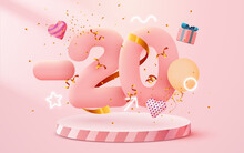 20 Percent Off. Discount Creative Composition. 3d Sale Symbol With Decorative Objects, Heart Shaped Balloons, Golden Confetti, Podium And Gift Box. Sale Banner And Poster.