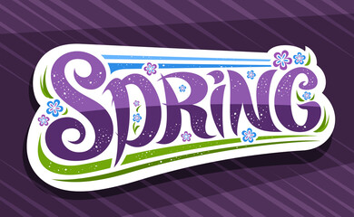 Wall Mural - Vector logo for Spring, white badge with unique curly calligraphic font and decorative flourishes, illustration of spring flowers, greeting card with swirly hand written lettering spring on purple.