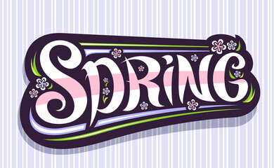 Wall Mural - Vector logo for Spring, greeting card with unique curly calligraphic font and decorative flourishes, illustration of spring flowers, swirly hand written lettering spring on gray striped background.