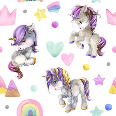 Watercolor unicorn seamless pattern. Cute cartoon pony.