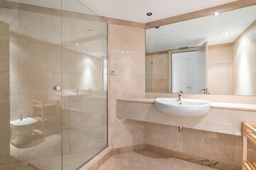 Interior of a peach bathroom in classic design, with shower zone, marble finishing and large mirror.