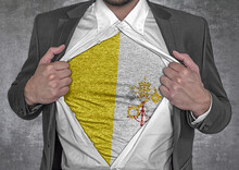 Business Man Show T-shirt Flag Of Vatican City Rips Open His Shirt