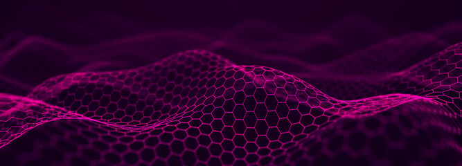 Abstract pink background of points and lines. Hexagon cyber structure. Big data stream. 3d rendering