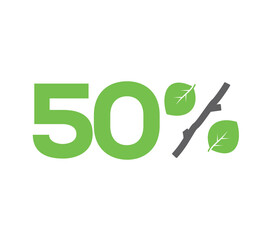 Sticker - Vector green 50% text designed with leaves and a stick (branch) percent icon isolated on white background. For spring sale campaigns. 