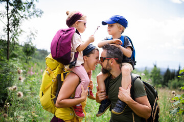 Wall Mural - family with small children hiking outdoors in summer nature.