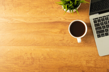 Wall Mural - workplace of office desk wooden table with laptop, and equipment other office supplies with copy spa