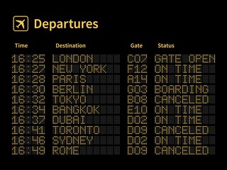 Airport led board. Aircrafts departures and terminal number gate timetable information, light yellow dot letters and numbers on black panel. Flight schedule on dashboard vector concept