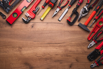 Assorted work tools on wood