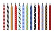 Patterned shoelace. Combined color options ties, shoes ropes with colorful patterns, variegated weaves lacing, footwear textile binding elements. Kids accessories for boots vector set