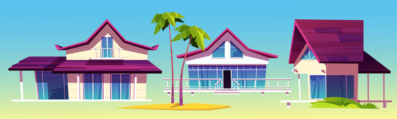 Summer houses, bungalows on sea beach, tropical hotel architecture and palm trees. Vector cartoon set of modern villas for vacation and resort on exotic island in ocean isolated on blue background