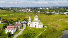 Suzdal, Russia. Flight. Church Of Elijah The Prophet On Ivanova Hill Or Church Of Elijah - A Temple In Suzdal In The Bend Of The Kamenka River, Aerial View