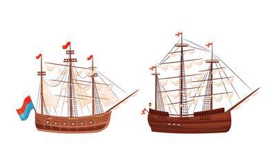 Wall Mural - Old Wooden Ships with Sails and Fluttering Flags Vector Set