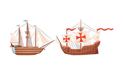 Wall Mural - old wooden ships with sails and fluttering flags vector set