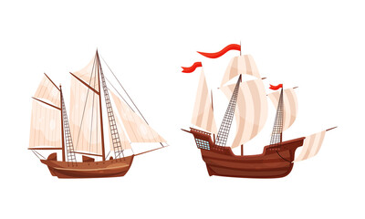 Wall Mural - old wooden ships with sails and fluttering flags vector set