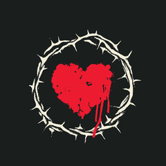 Sticker - Vector banner with an abstract red heart inside a crown of thorns. Religious illustration on the theme of Easter or Good Friday. Bloody heart with stains, splashes, drips on black background