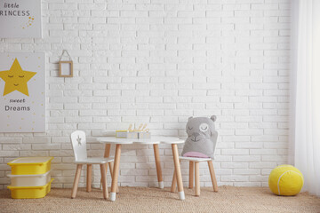 Sticker - Baby room interior with toys and stylish furniture, space for text