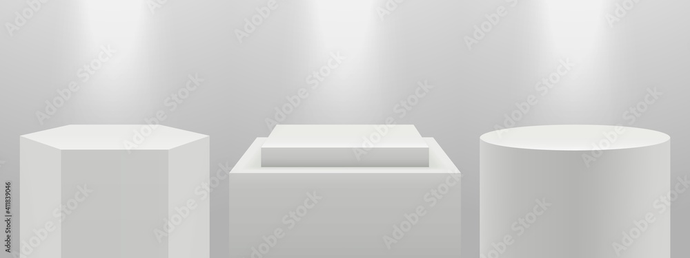 Realistic podiums. 3d pedestal in light, blank white expo stands vector set. Illustration stage podium, platform in light, pedestal blank - obrazy, fototapety, plakaty 