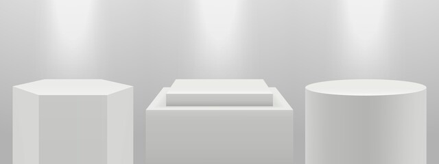 Canvas Print - Realistic podiums. 3d pedestal in light, blank white expo stands vector set. Illustration stage podium, platform in light, pedestal blank