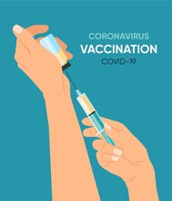 Vacctination Banner. Doctor`s Hand Holding Syringe And Medicine Bottle With Vaccine For Virus Pandemic. Virus Protection Concept. Vector Illustration. Sars Or Covid-19 Vaccination With Vaccine Syringe