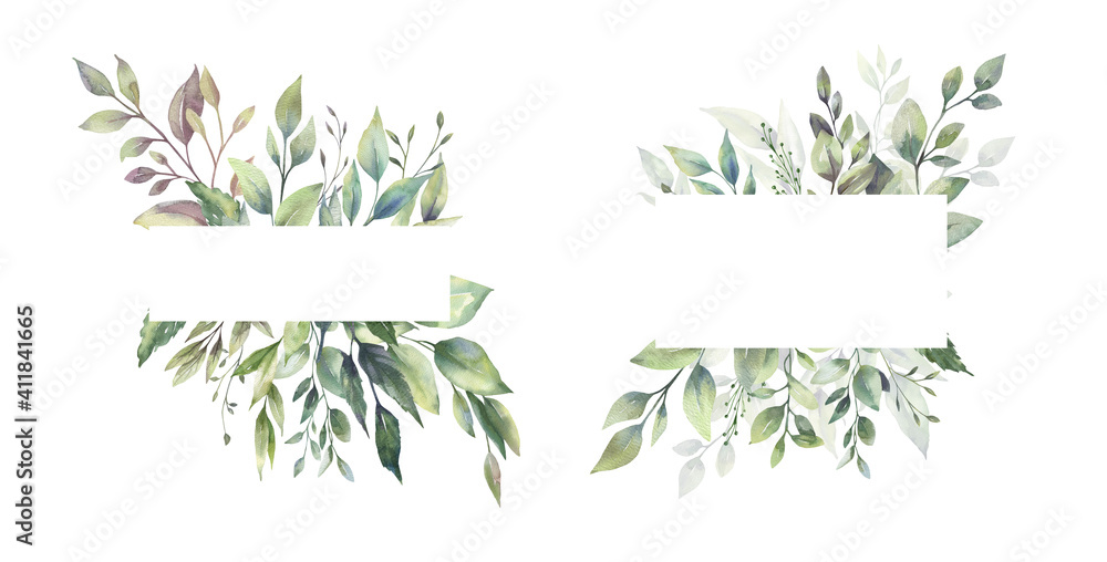 Watercolor floral illustration set - green leaf Frame collection, for wedding stationary, greetings, wallpapers, fashion, background. Eucalyptus, olive, green leaves, etc. High quality illustration - obrazy, fototapety, plakaty 