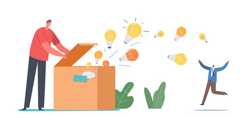 Wall Mural - Knowledge, Ideas Spreading, Education, Insight Concept. Male Character Open Huge Box with Glowing Light Bulbs Flying Out