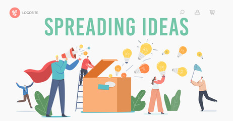 Wall Mural - Characters Spread Knowledge and Ideas Landing Page Template. Man Wear Red Superhero Cloak with Loudspeaker